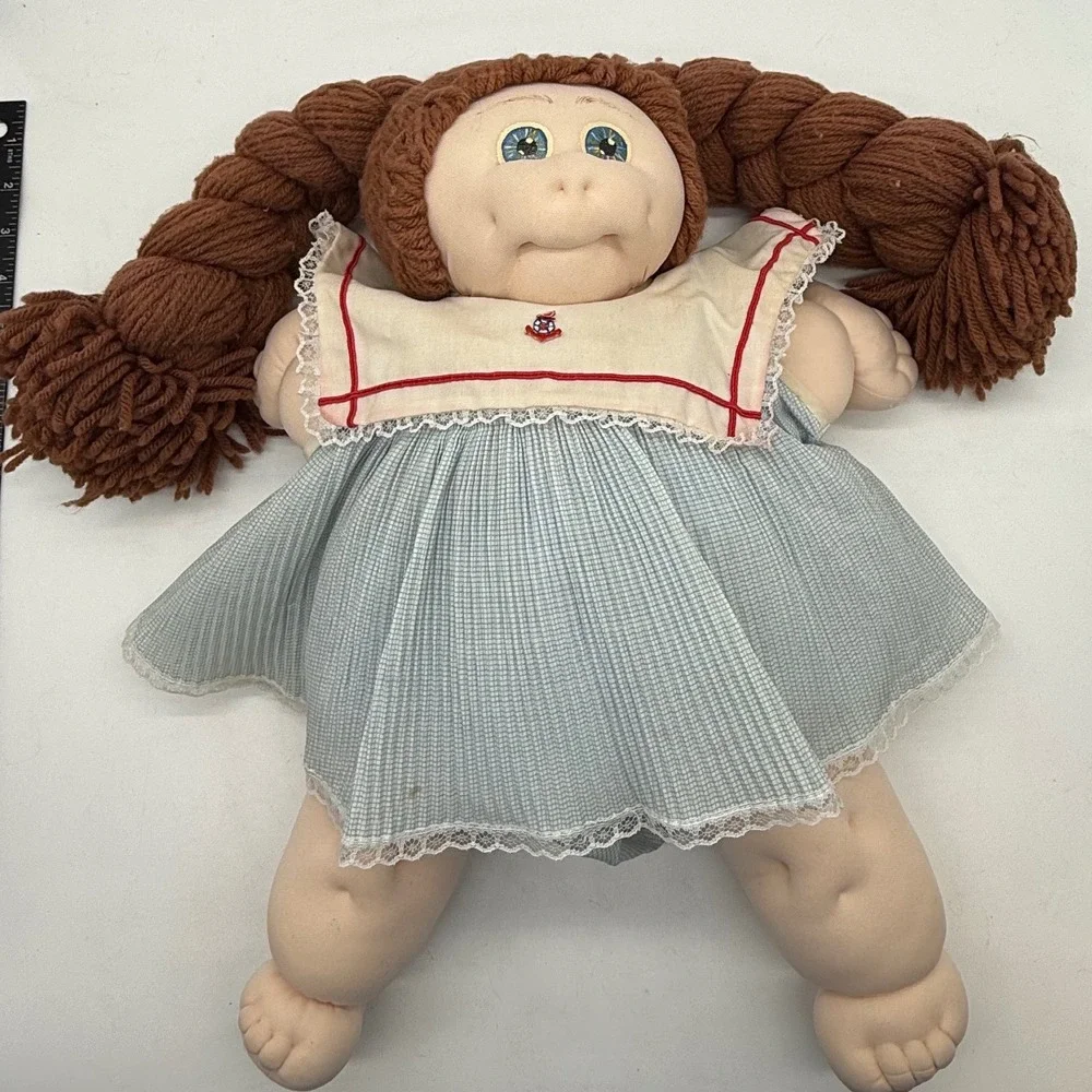 Vtg Doll Brown Hair Yarn Pigtails Stuffed Plush Toy not branded stains‎ on dress